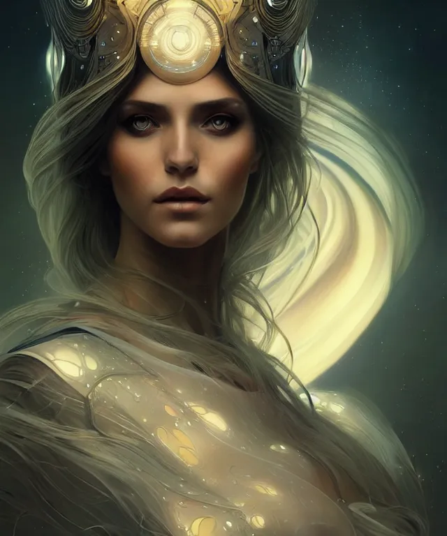 Image similar to futuristic dress woman portrait, sci-fi, amber eyes, face, long hair, fantasy, intricate, elegant, highly detailed, digital painting, artstation, concept art, smooth, sharp focus, illustration, art by artgerm and greg rutkowski and alphonse mucha