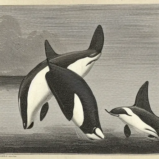 Image similar to orcas wearing fancy clothes, walking in London, engraving from 1700s