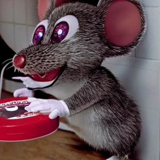 Image similar to horror creepypasta chuck E cheese mouse breaking into room, hyperrealistic blood and eyes, cursed image