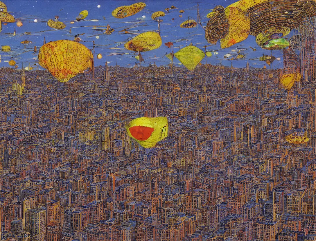 Prompt: ufos flying mysterious banners over the city, by mati klarwein and moebius