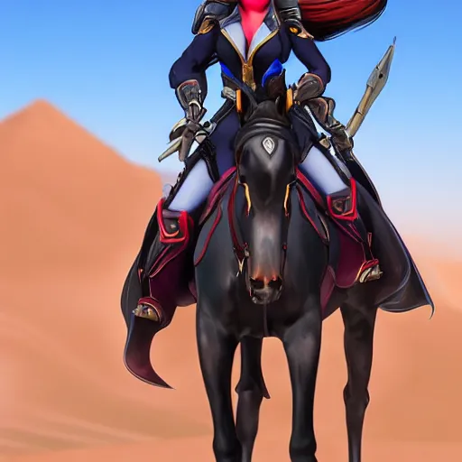 Image similar to widowmaker overwatch in the desert riding on a horse, black and red jacket, collar around neck, very detailed face, feminine face, full body