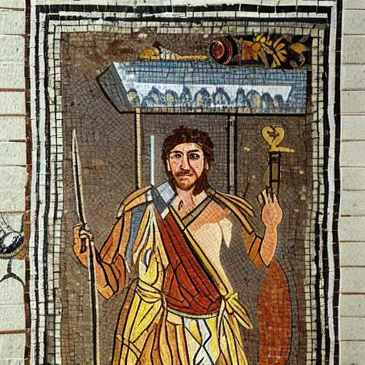 Prompt: an ancient greek mosaic of harry potter