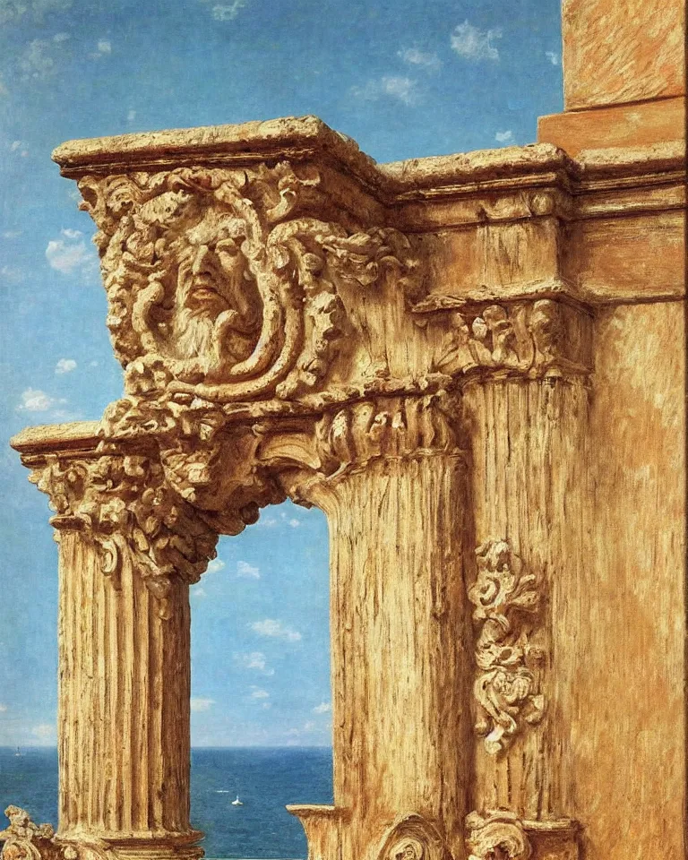 Prompt: achingly beautiful painting of intricate ancient roman doric capital on coral background by rene magritte, monet, and turner. giovanni battista piranesi.