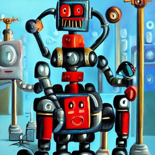 Prompt: oil painting of robots from hell