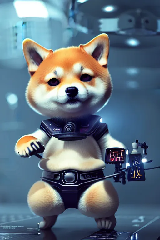 Image similar to high quality 3 d render very cute cyborg! shiba inu plays drums, cyberpunk highly detailed, unreal engine cinematic smooth, in the style of blade runner & pixar, hannah yata charlie immer, moody light, low angle, uhd 8 k, sharp focus