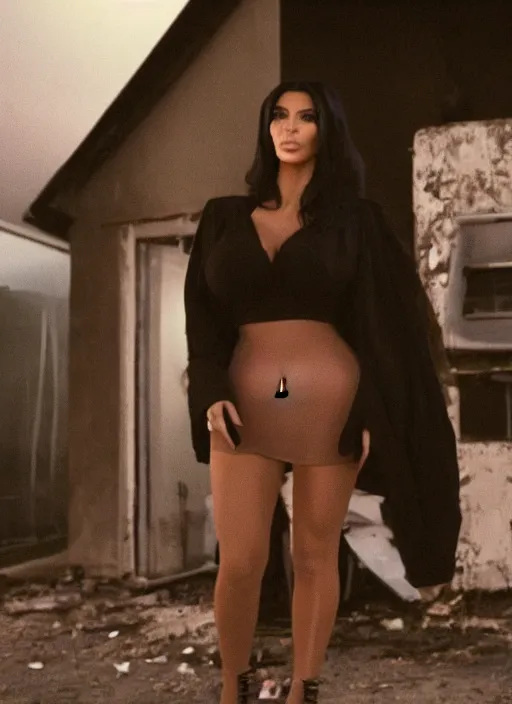 Image similar to film still of kim kardashian dressed as eazy e, derelict house, cinematic lighting, cinematic, rear pov,