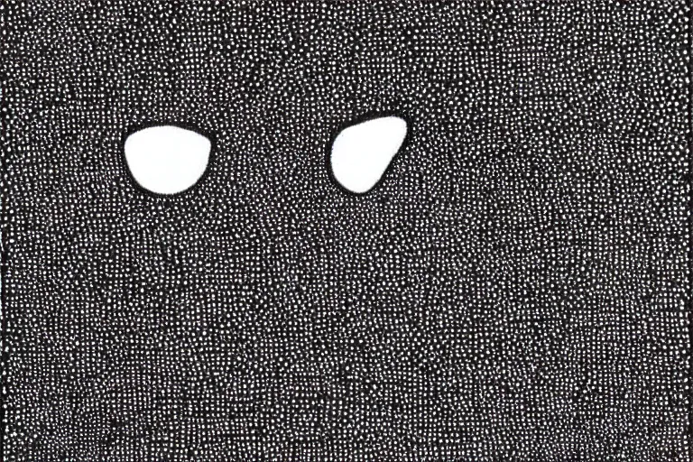 Image similar to black figure with white eyes, faceless people dark, dots, drip, stipple, pointillism, technical, abstract, minimal, style of francis bacon, asymmetry, pulled apart, cloak, hooded figure, made of dots, abstract, balaclava, colored dots