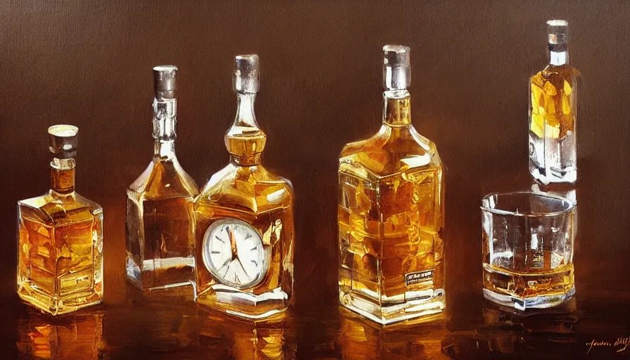 Image similar to clocks, whisky, oil painting by jama jurabaev, brush hard, artstation, high quality, brush stroke