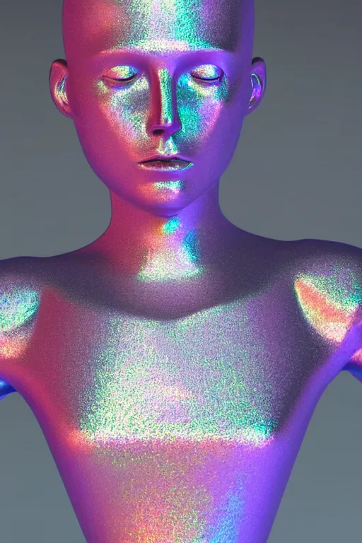 Image similar to 3d render of holographic human robotic bust made of glossy iridescent, bust, surrealistic 3d illustration of a human non-binary, non binary model, 3d model human, cryengine, made of holographic texture, holographic material, holographic rainbow, concept of cyborg and artificial intelligence