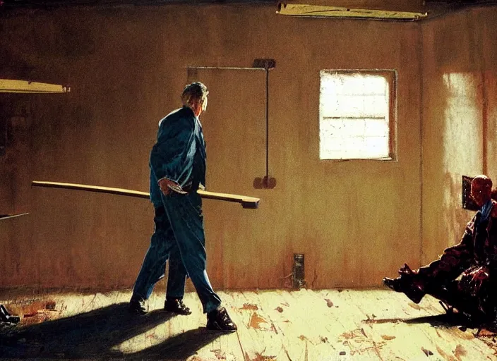 Prompt: a still from the film the shawshank redemption by francis bacon, surreal forest, norman rockwell and james jean, greg hildebrandt, and mark brooks, triadic color scheme, by greg rutkowski, in the style of francis bacon and syd mead and edward hopper and norman rockwell and beksinski, dark surrealism, open ceiling