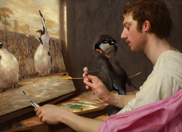 Image similar to a young painter in his studio painting a picture of a pink penguin, by edgar maxence and caravaggio and michael whelan and delacroix style, artistic, intricate drawing, cinematic lighting, hyper realistic, extremely detailed, establishing shot, 8 k resolution, dramatic lighting