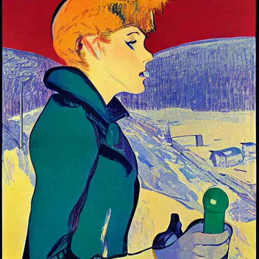 Image similar to a woman in a parka drinking a bottle of coke in an icy landscape, constructivist, russian, soviet advertisement, 1 9 6 0's, by henri toulouse lautrec