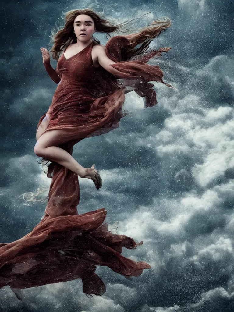 Image similar to expressive full body photo of florence pugh flying through a storm of debris, decolletage, confident pose, coherent, insane detail, concept art, character concept, cinematic lighting, global illumination radiating a glowing aura