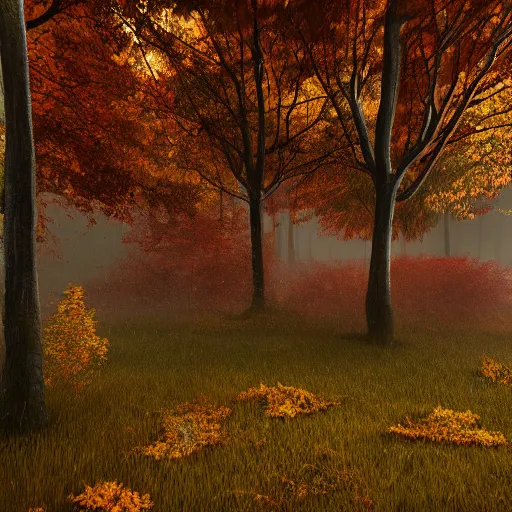 Image similar to autumn, house, forest, rain, dark, octane render, artstation, unreal engine 5 highly detailed, epic composition,