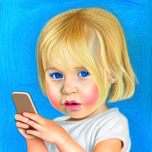 Image similar to 3 year old blonde girl with iphone, colored pencil on white background by eloise wilkin