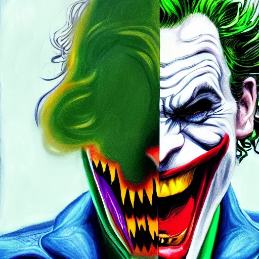 Prompt: an extremely psychedelic portrait of the joker as batman, surreal, lsd, face, detailed, intricate, elegant, lithe, highly detailed, digital painting, artstation, concept art, smooth, sharp focus, illustration,