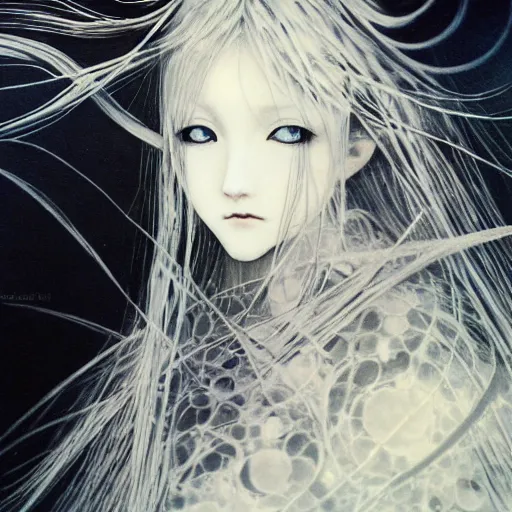 Image similar to Yoshitaka Amano blurred and dreamy illustration of an anime girl with wavy white hair and cracks on her face wearing Elden ring armour with the cape fluttering in the wind, abstract black and white patterns on the background, noisy film grain effect, highly detailed, Renaissance oil painting, weird portrait angle