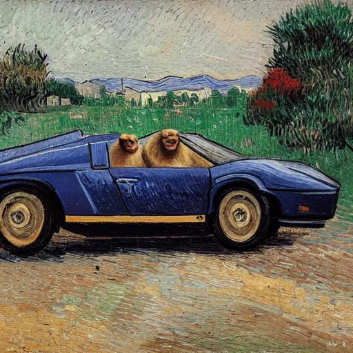 Prompt: a beautiful oil painting of a monkey in a lamborghini, 8k , award winning , made in 1800's , old , painted by vincent van gogh
