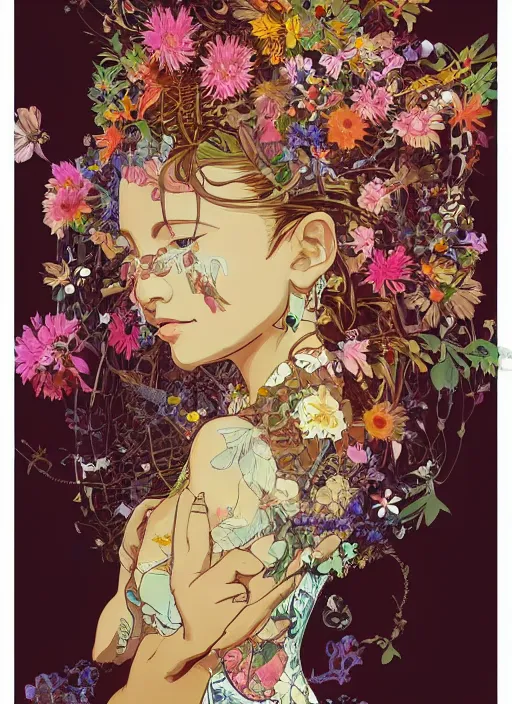 Image similar to !!! very coherent!!! oil painting, beautiful floralpunk iban bio mechanical portrait girl female illustration detailed patterns art of sarawak traditional dress, flower pop art, floral splash painting, art by ashley wood, alphonse mucha, makoto shinkai, geof darrow, dark shadow