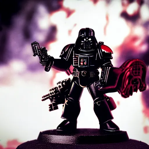 Prompt: space marine from warhammer 40000 in the style of Darth Vader from star wars, realism, against the background of the battlefield, depth of field, focus on darth vader,