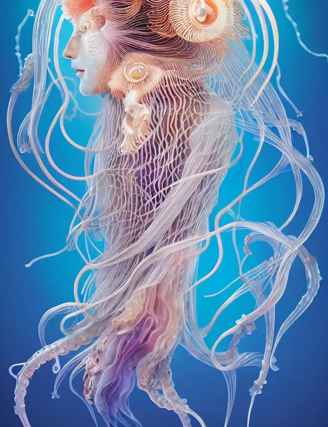 Prompt: 3 d goddess jellyfish half - turn portrait with long hair with ram skull. beautiful intricately detailed japanese crow kitsune mask and clasical japanese kimono. betta fish, jellyfish phoenix, bio luminescent, plasma, ice, water, wind, creature, artwork by tooth wu and wlop and beeple and greg rutkowski