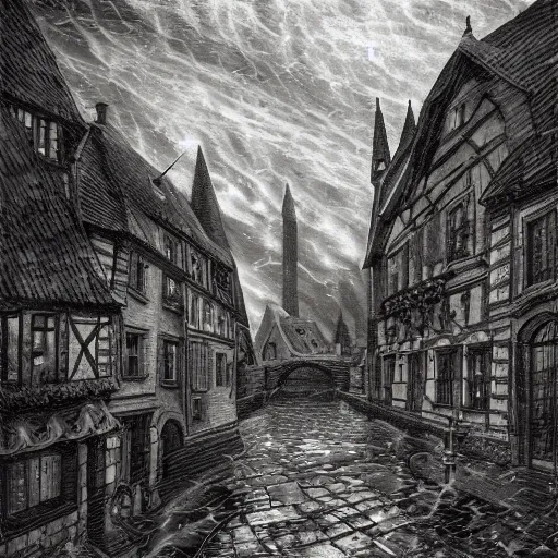 Image similar to dark fantasy, 17th century German city, dark stone, rain, river, hyper-detailed