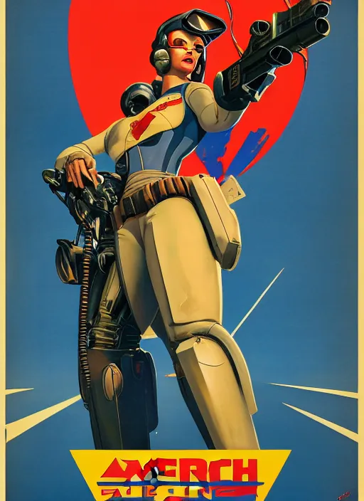 Image similar to american propaganda poster art. powerful cyberpunk pilot. portrait by jean giraud and anton otto fischer and john philip falter and will eisner and gil elvgren and pixar. full body. realistic proportions. science fiction d & d. overwatch, rb 6 s, cyberpunk 2 0 7 7, blade runner 2 0 4 9 concept art. cel shading. thick lines.