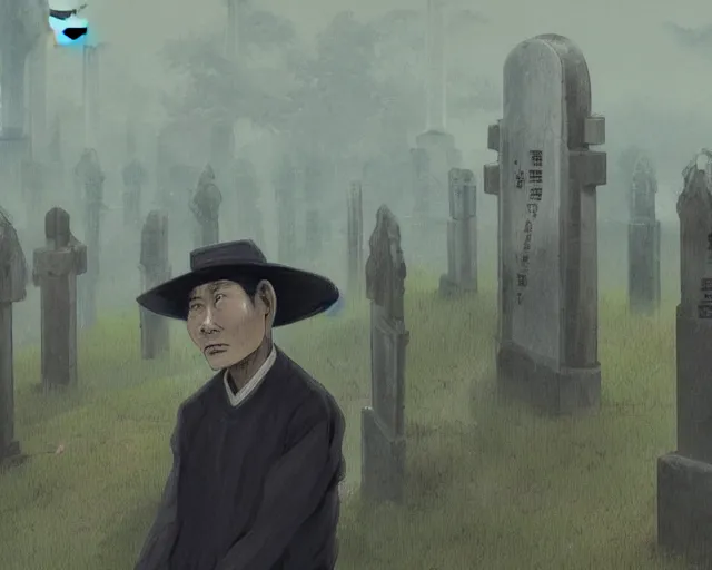 Image similar to a 50 year old brunnete chinese man leaning on the ground at a funeral in a cemetery next to the grim reaper, horror scene, dramatic, anime art, Greg Rutkowski, studio ghibli, dramatic lighting