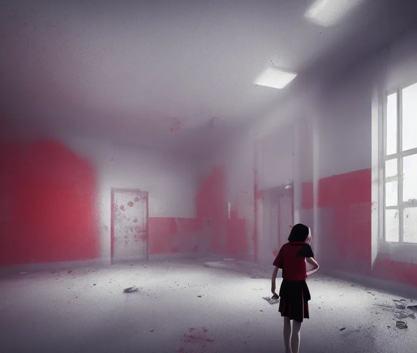 Image similar to school girl standing on an abandoned hospital room with red ceiling lighting and several blue lights on the walls, gloomy and foggy atmosphere, octane render, artstation trending, horror scene, highly detailded