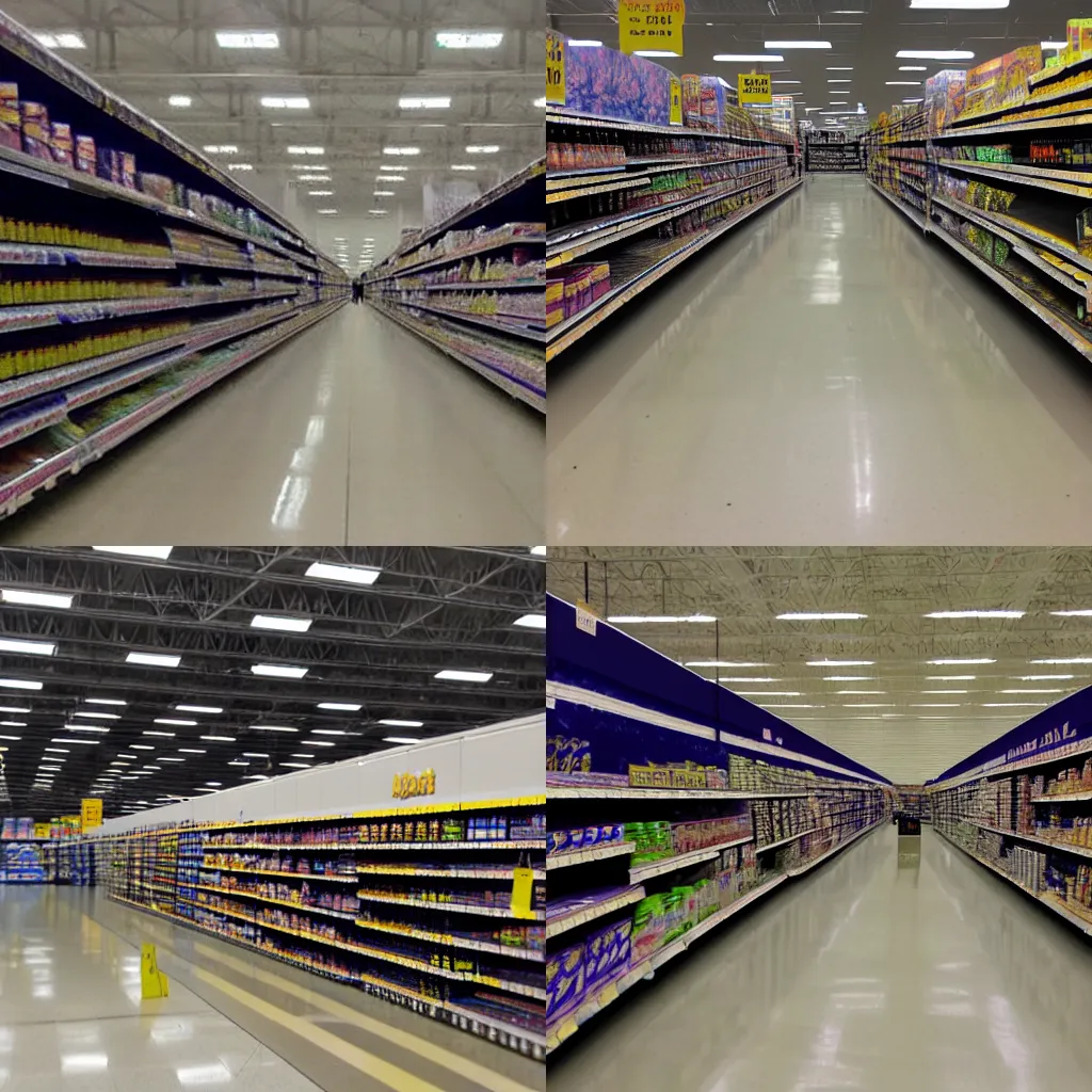 Prompt: liminal space superstore, Wal Mart, dark, spooky, nothing on shelves, eerie