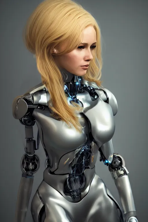 Image similar to a beautiful woman with blonde hair wearing robot suit with wires and light, highly detailed, photorealistic, artstation, smooth