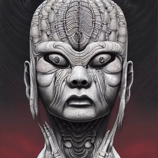 Prompt: naraka buddhist demon korean female, happy female alien, tubular creature, blood vessels, no face, dystopian surrealism, alex ries zdzisław beksinski, giger, symmetrical long head, smooth marble surfaces, smooth marble surfaces, detailed ink illustration, detailed ink illustration, raiden metal gear, cinematic smooth stone, deep aesthetic, concept art, intricate