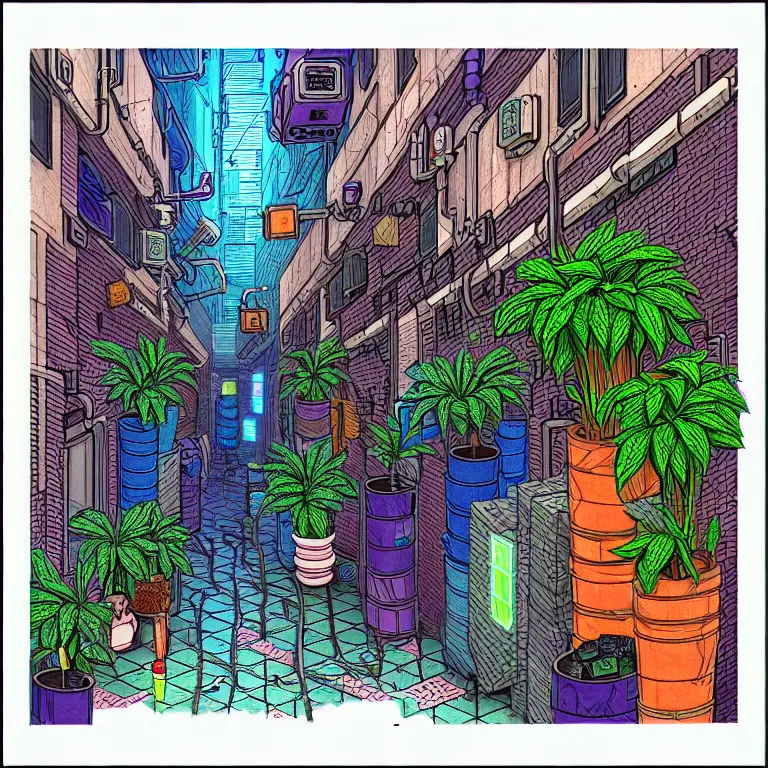 Prompt: an absurdly-detailed cyberpunk alleyway colored-pen drawing as a fancy square tile. Cats and Robots and Potted-Plants.