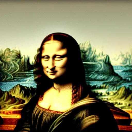 Image similar to mona lisa doing a selfie giving a thumbs up.