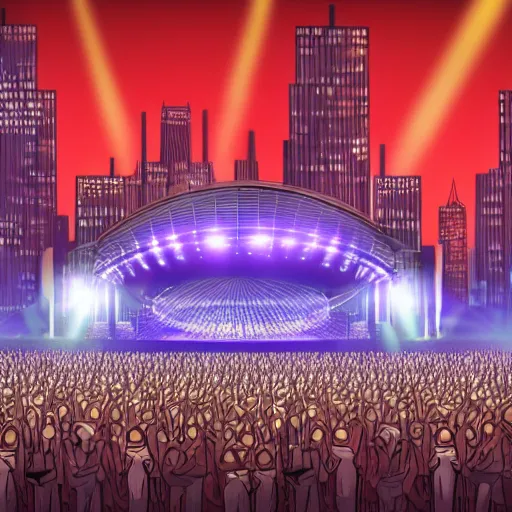 Image similar to concept art of a giant concert in a city at night