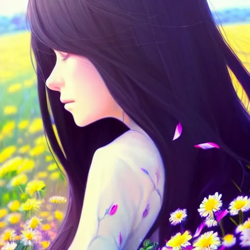 Image similar to a beautiful girl with long dark hair, sitting in a field of flowers, sunny, daytime, sharp focus, intricate, digital painting, artstation, official media, anime key visual, highly detailed, rich vivid colors, ambient lighting, illustration, art by Artgerm, Makoto Shinkai, Ilya Kuvshinov, Lois Van Baarle, and Rossdraws