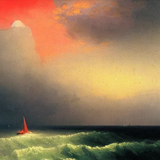 Image similar to red clouds and green ocean with sailboat painting by ivan aivazovsky