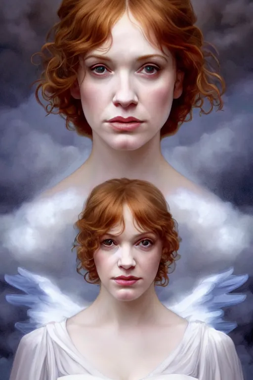 Image similar to symmetrical!! looking at the camera!!! a portrait of an angel young christina hendricks wearing a white silky dress, upper body, concept art, deep focus, sky, heaven, clouds, intricate, highly detailed, digital painting, artstation, matte, sharp focus, illustration, art by greg rutkowski and alphonse mucha