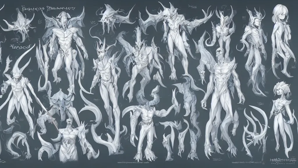 Image similar to a fantasy white and pale blue draconian demon with bright eyes character design sheet, trending on artstation