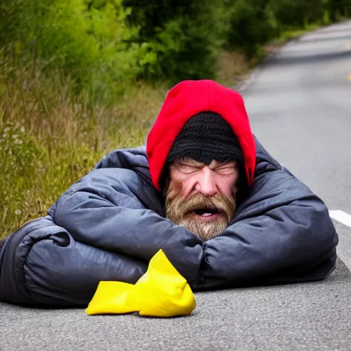 Image similar to a homeless angry man wearing mario's hat pointing the middle finger at the camera, on the side of a road, he is sitting on a sleeping bag.