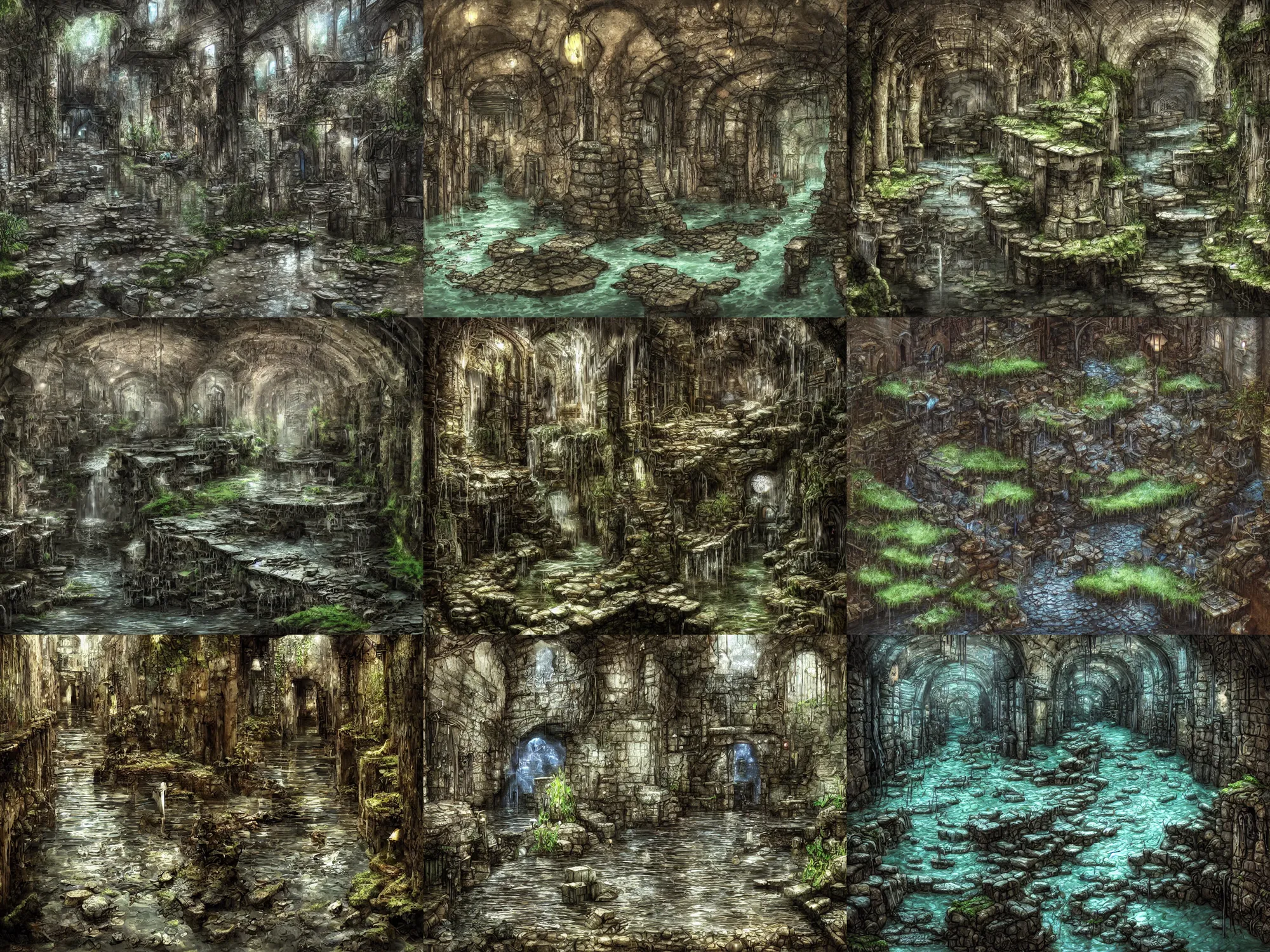 Prompt: inside the ancient flooded sewers in the old part of the city. fantasy art, dripping water, standing water, channel, stagnant water, waterfall, rivulets, musty, moss, underground, abandoned spaces, torch - lit, dungeons and dragons.