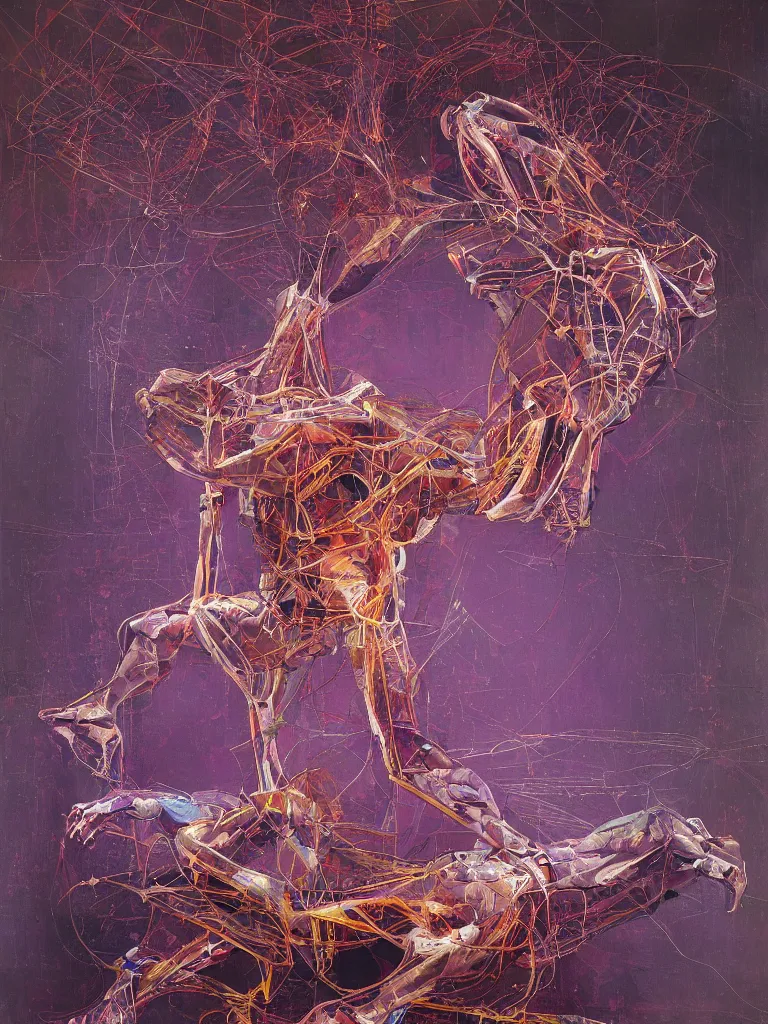 Prompt: a beautiful glitched geometric painting by robert proch and emilio pettoruti of an anatomy structure study of the human nervous system on top of rectangle shapes, color bleeding, pixel sorting, copper oxide and rust materials, brushstrokes by jeremy mann, dramatic lighting, pastel purple background