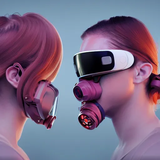 Image similar to intense futuristic bespoke vr headset respirator with long cables like dreadlocks on a set of twin humble hypebeasts, by ilya kuvshinov and james jean and sorayama and ikeuchi and hyein seo and hiroya oku and gilleard james, artstation trending, 8 k, 3 d render, photorealistic, volumetric lighting caustics, pink