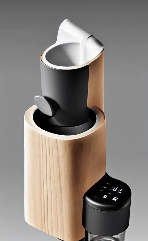 Image similar to a stylish handheld electric coffee grinder ; designed by marc newsom, zaha hadid, blonde, joseph and joseph, dieter rams ; natural materials ; industrial design ; behance ; le manoosh ; pinterest ; if design award ; reddot design award