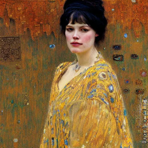 Prompt: Richard Schmid and Jeremy Lipking and Gustav Klimt portrait painting of a young beautiful woman priestess victorian orientalist in elaborate costume