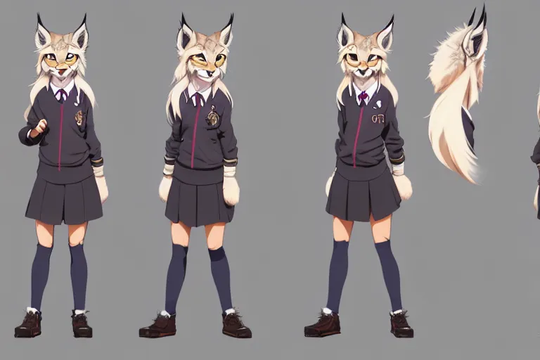 Image similar to character sheet of attractive female lynx fursona, magic school uniform, blonde hair, by greg rutkowski and studio ghibli, digital art, trending on artstation, highly detailed, concept art, beautiful, masterpiece