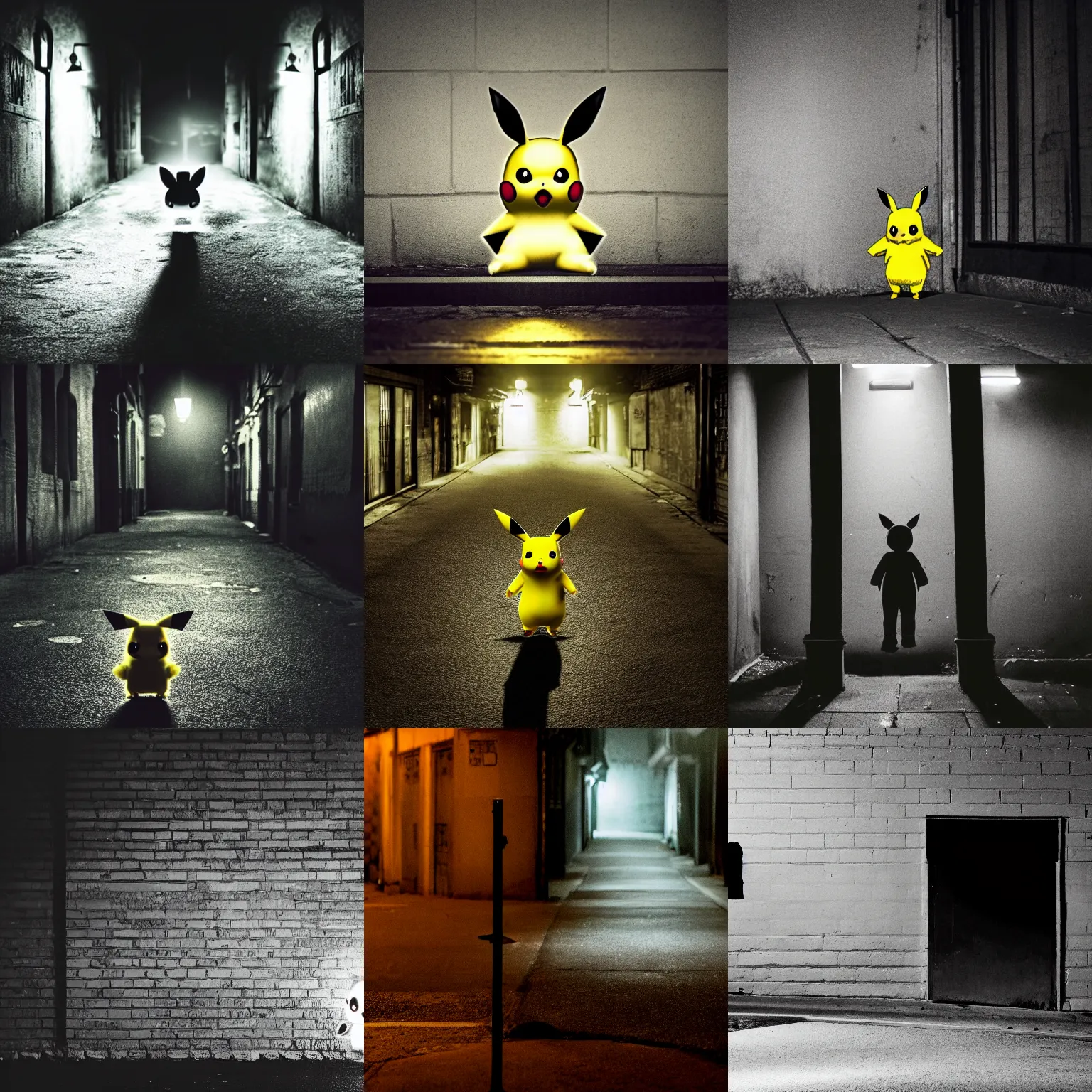 Prompt: Dimly lit photo of a lone Pikachu standing ominously in the middle of a dark alley at night, scary, horror, deserted