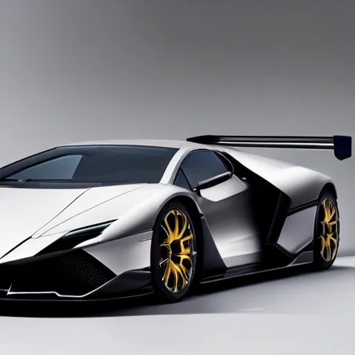 Image similar to A hypercar designed by Junya Watanabe and produced by Lamborghini in the production year of 2025, promotional photo