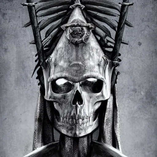 Image similar to a man with a skull head in a grey cloak holding his black spear up to the sky, Digital art