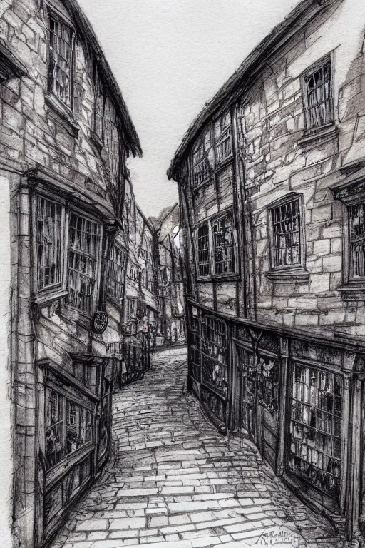 Prompt: a beautiful pen and wash sketch of the shambles and little shambles york, 8 k, frostbite 3 engine, cryengine, dof, trending on artstation, digital art, crepuscular ray,